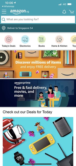 Amazon website showcasing a variety of products for online shopping in Singapore.
