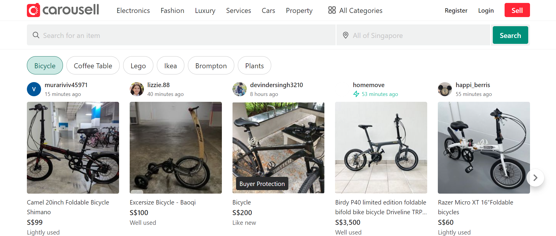 Carousell website displaying a range of secondhand and new items for online shopping in Singapore.