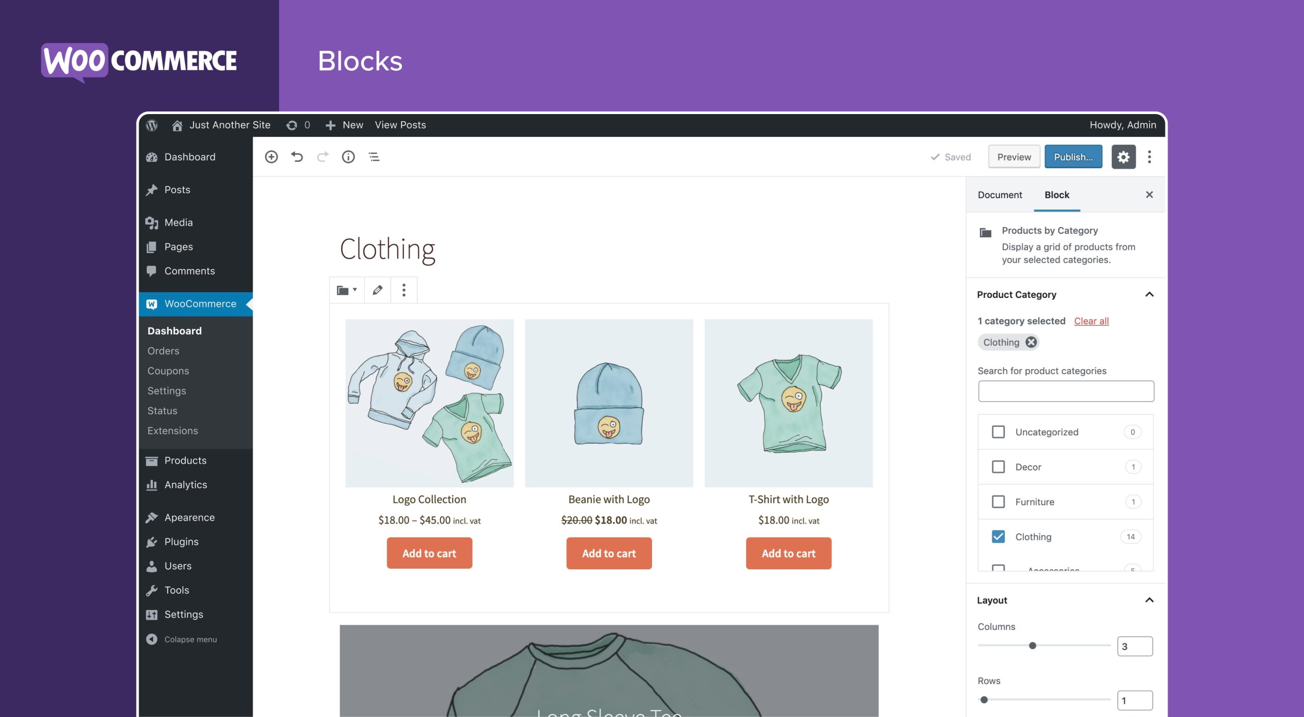 Screenshot of a WooCommerce website showcasing an ecommerce platform layout.