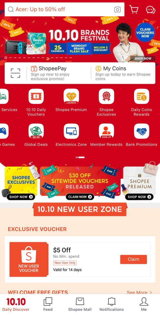 Shopee website featuring a wide range of products for online shopping in Singapore.