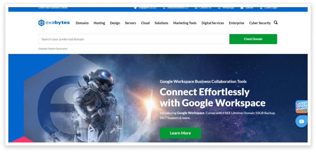 Exabytes website offering domain registration and hosting services.