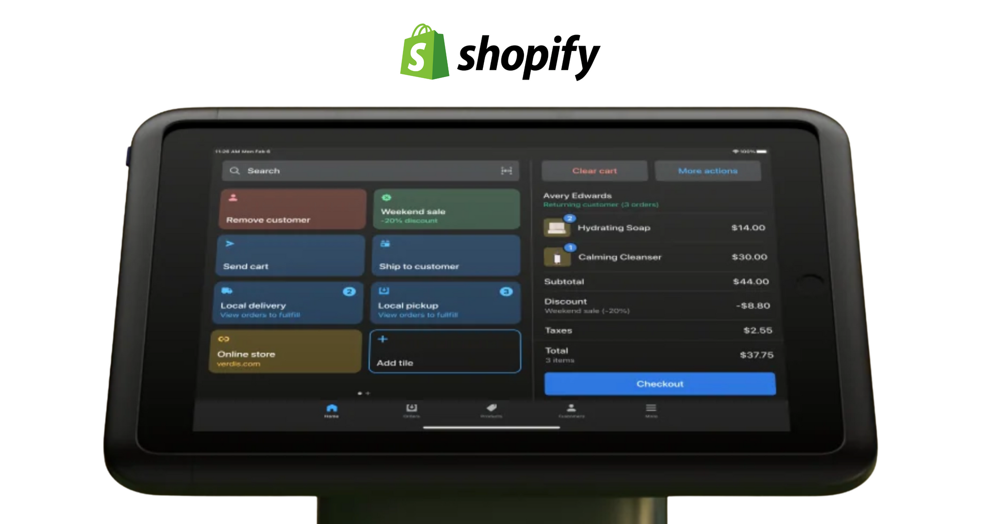 Shopify POS system interface showing an easy-to-use solution for transactions, inventory management, and sales tracking.