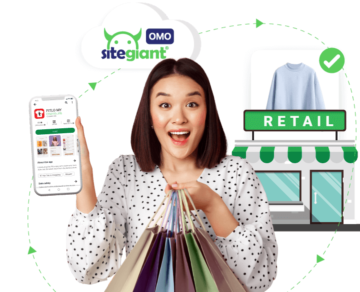 SiteGiant's OMO platform and shopping app, with tools for managing online and offline sales, inventory, and customer data.