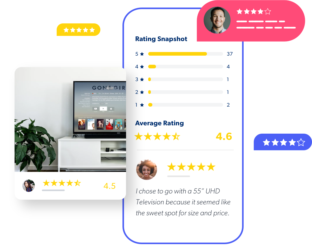 user reviews and ratings on a shopping app, highlighting customer feedback and product ratings.