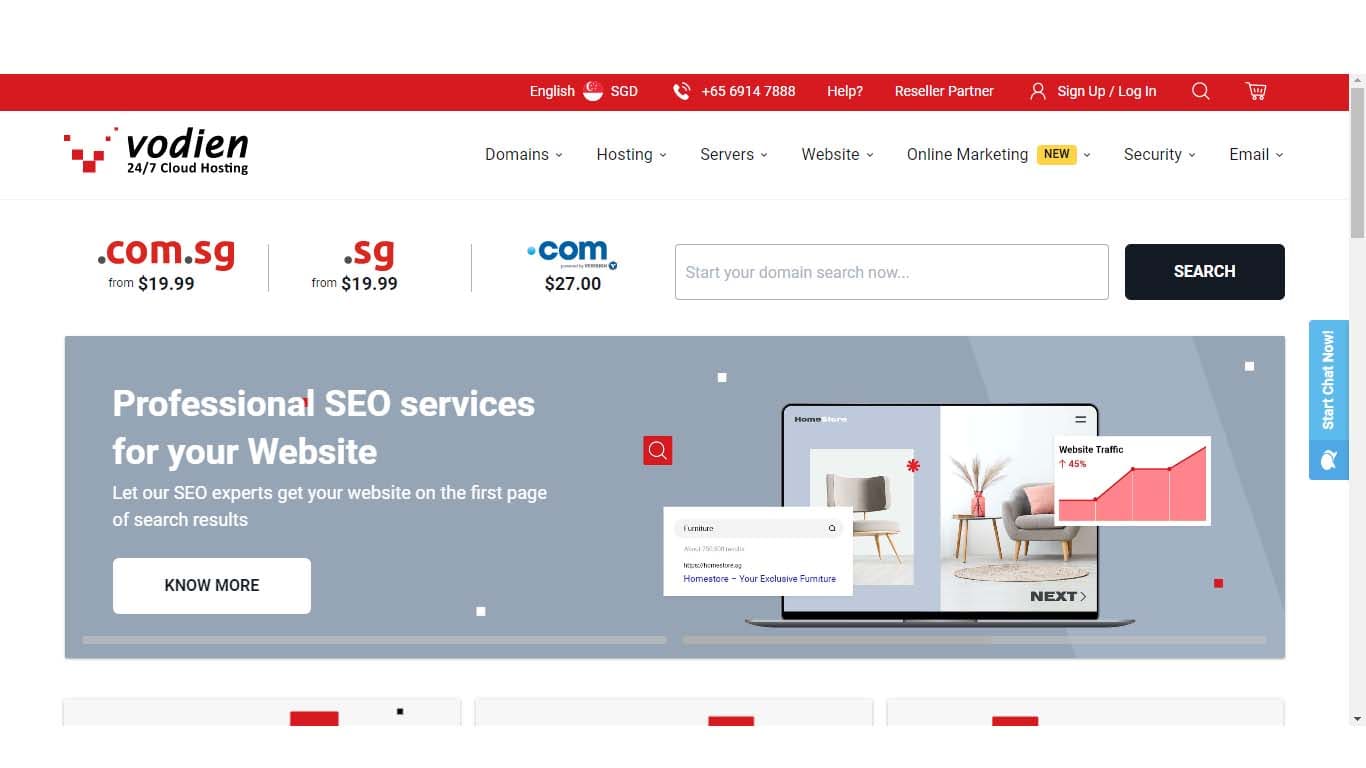 Vodien website offering domain registration and hosting solutions.